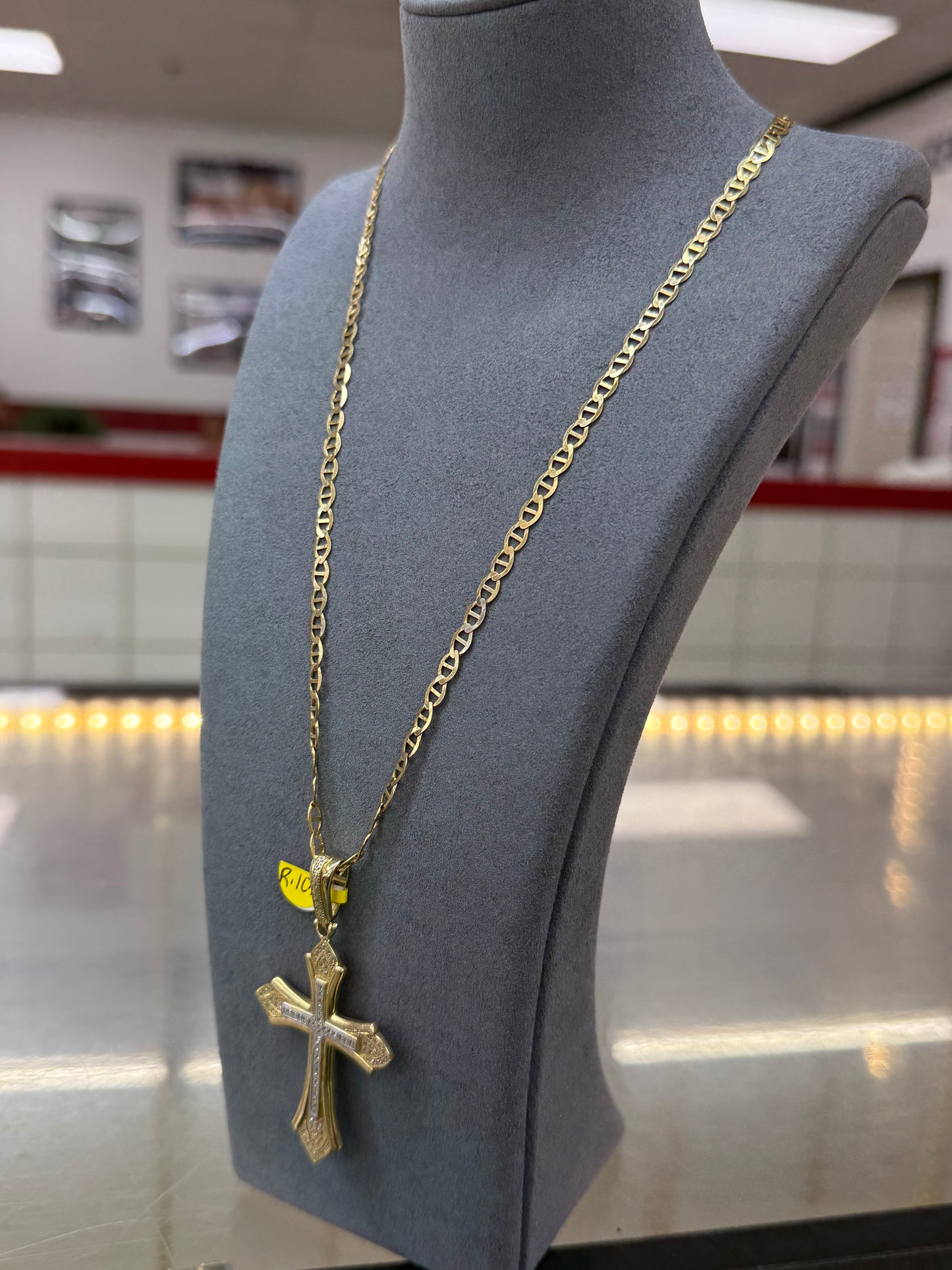 24” 4mm 10k gold solid mariner link chain w/10k gold cross w/cz