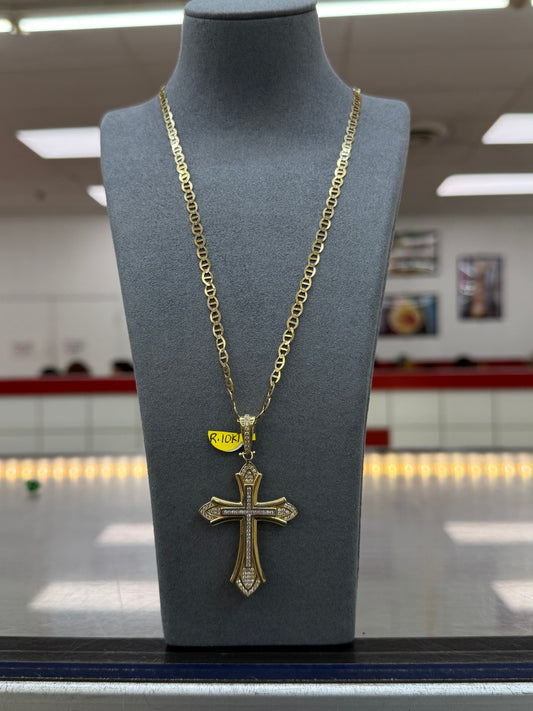 24” 4mm 10k gold solid mariner link chain w/10k gold cross w/cz