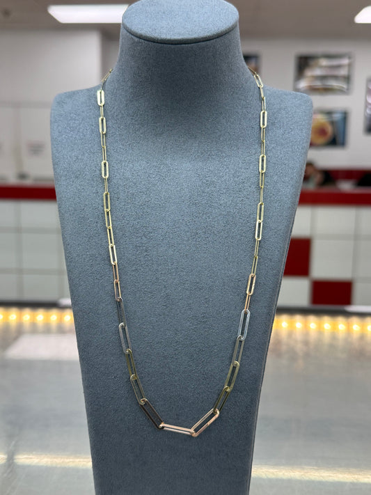 18" 2.9mm 14k gold solid tri color paperclip link necklace