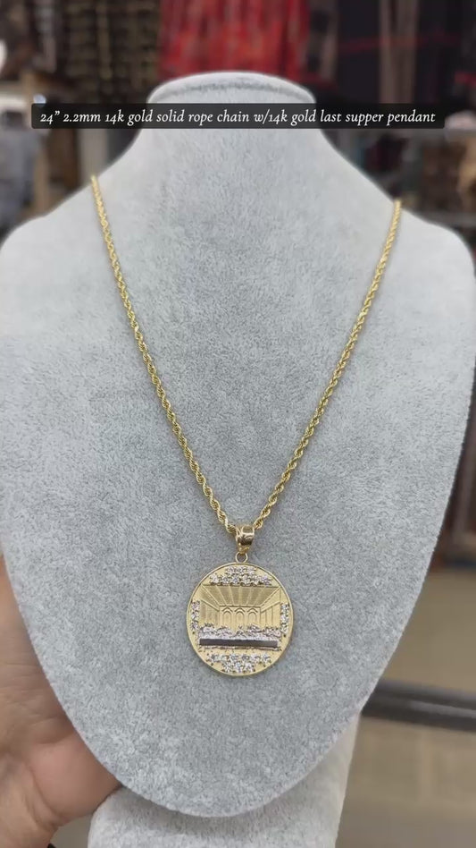 24" 2.2mm 14k gold solid rope chain w/14k gold last supper pendant