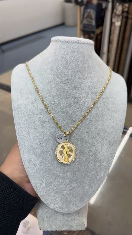 24" 2.2mm 14k gold solid rope chain w/14k gold 1" double side pendant- Virgen Of Guadalupe and San Judas