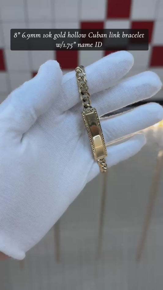 8 6.9mm 10k gold hollow Cuban link bracelet w/1.75" name ID - free 3D laser engraving