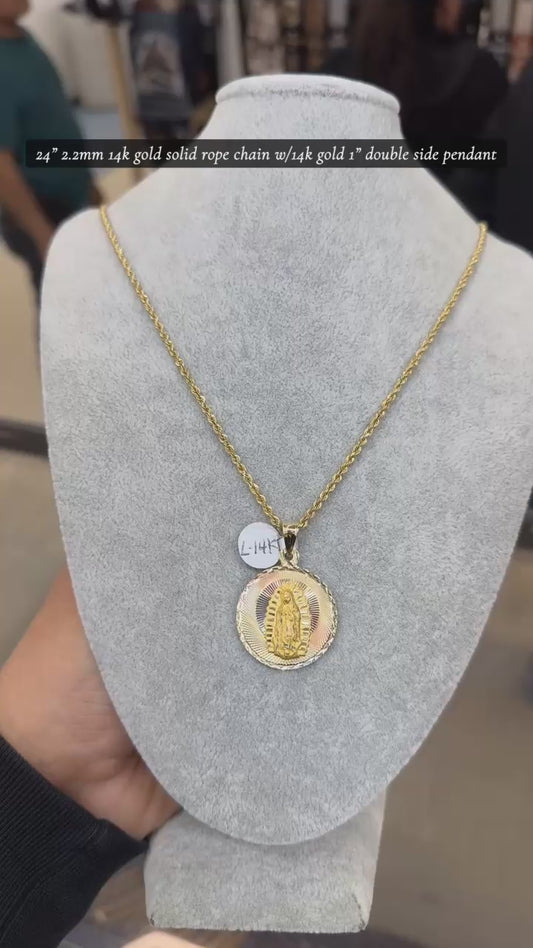 24" 2.2mm 14k gold solid rope chain w/14k gold 1" double side pendant- Virgen Of Guadalupe and San Judas