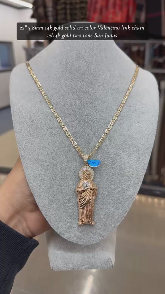 22" 3.8mm 14k gold solid tri color Valentino link chain w/14k gold two tone San Judas