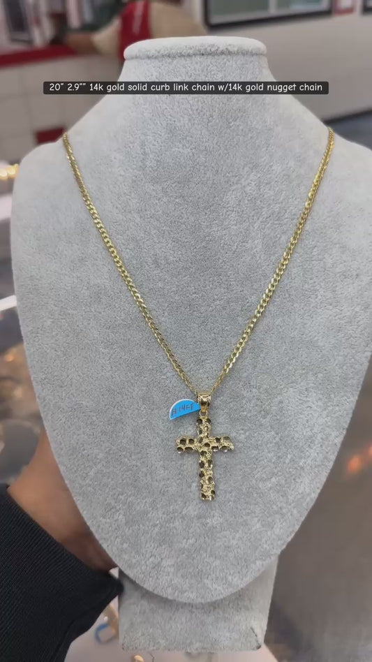 20" 2.9mm 14k gold solid curb link chain w/14k gold nugget cross