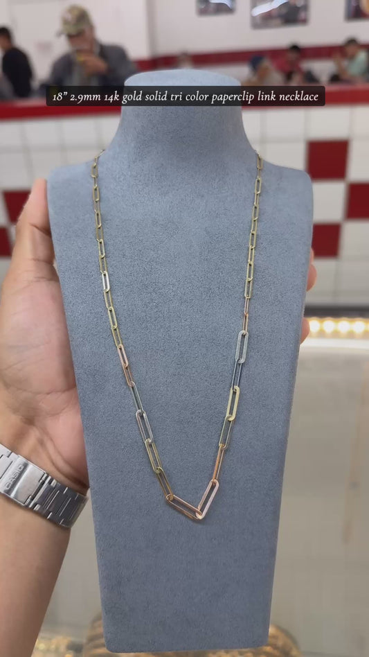 18" 2.9mm 14k gold solid tri color paperclip link necklace