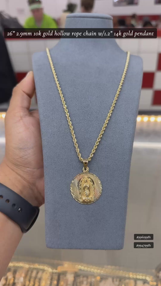 26" 2.9mm 10k gold hollow rope chain w/1.2" 14k gold pendant