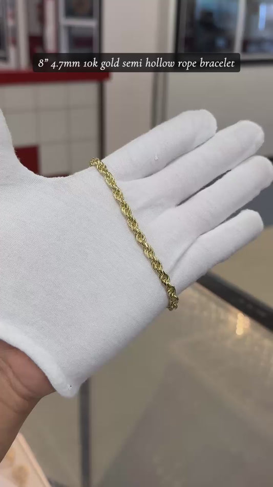 8" 4.7mm 1ok gold semi hollow rope bracelet