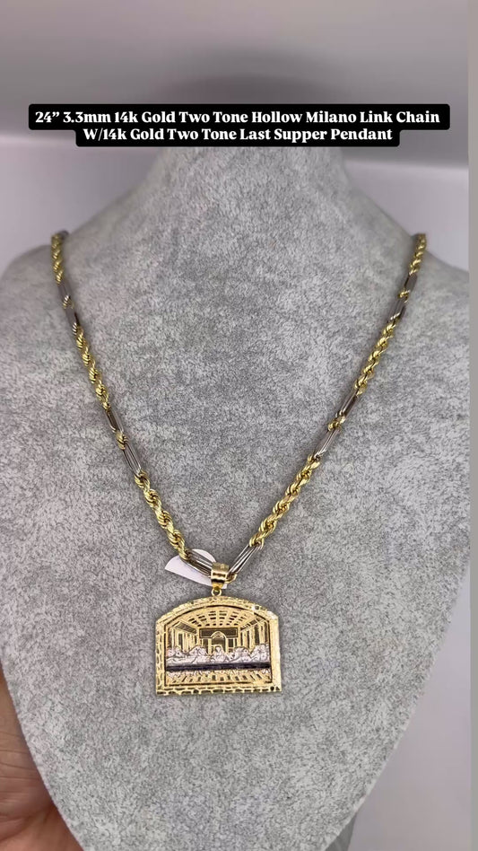24" 3.3mm 14k Gold Two Tone Hollow Milano Link Chain
W/14k Gold Two Tone Last Supper Pendant