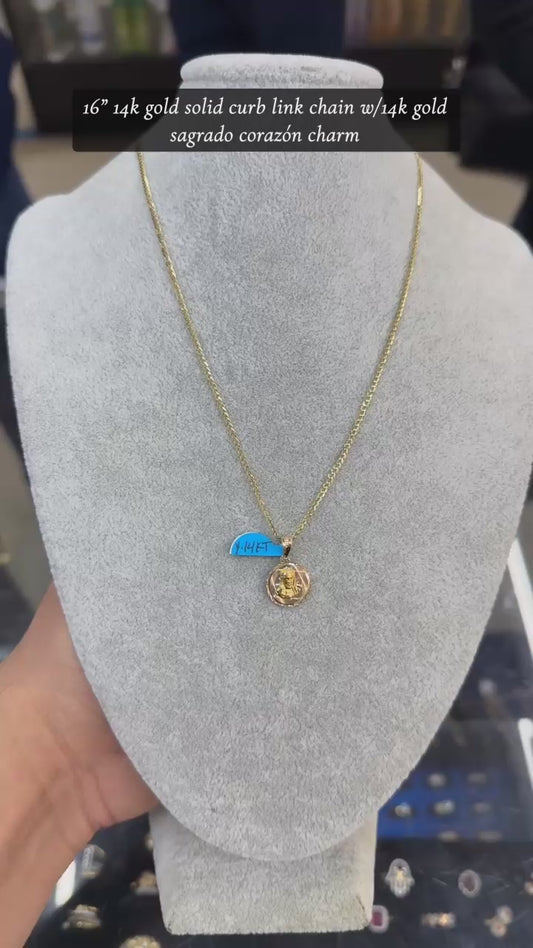 16" 14k gold solid curb link chain w/14k gold sagrado corazón charm