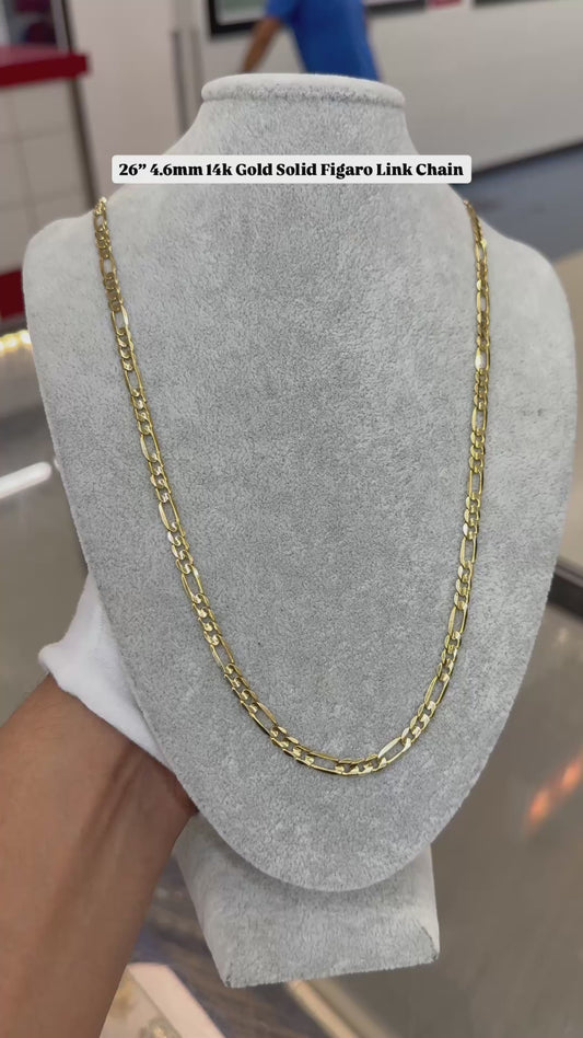 26” 4.6mm 14k Gold Solid Figaro Link Chain