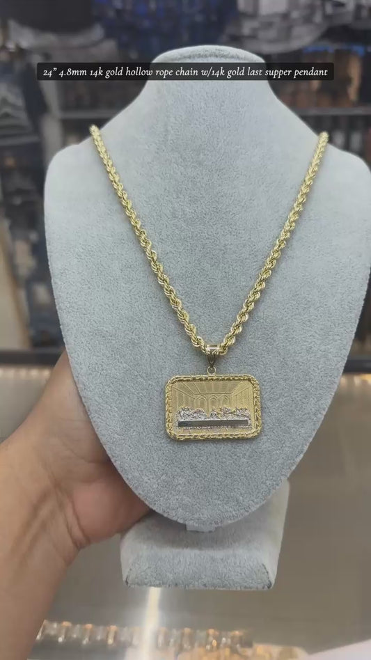 24" 4.8mm 14k gold hollow rope chain w/14k gold last supper pendant